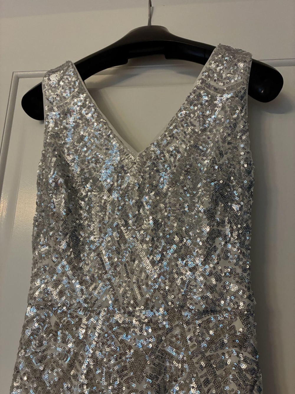 Betsy & Adam White Dress with Silver Sequin Trim
